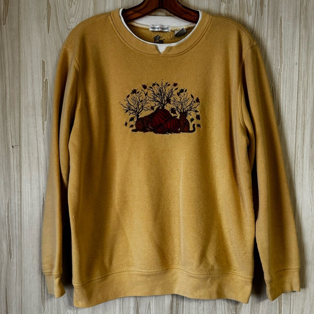 Fall mustard yellow  sweater with cats size M. Hastings & smith.